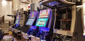 Grand hall of Jin Bei Group hotel casino showing the slot machinese being set up in Sihanoukville, Cambodia.